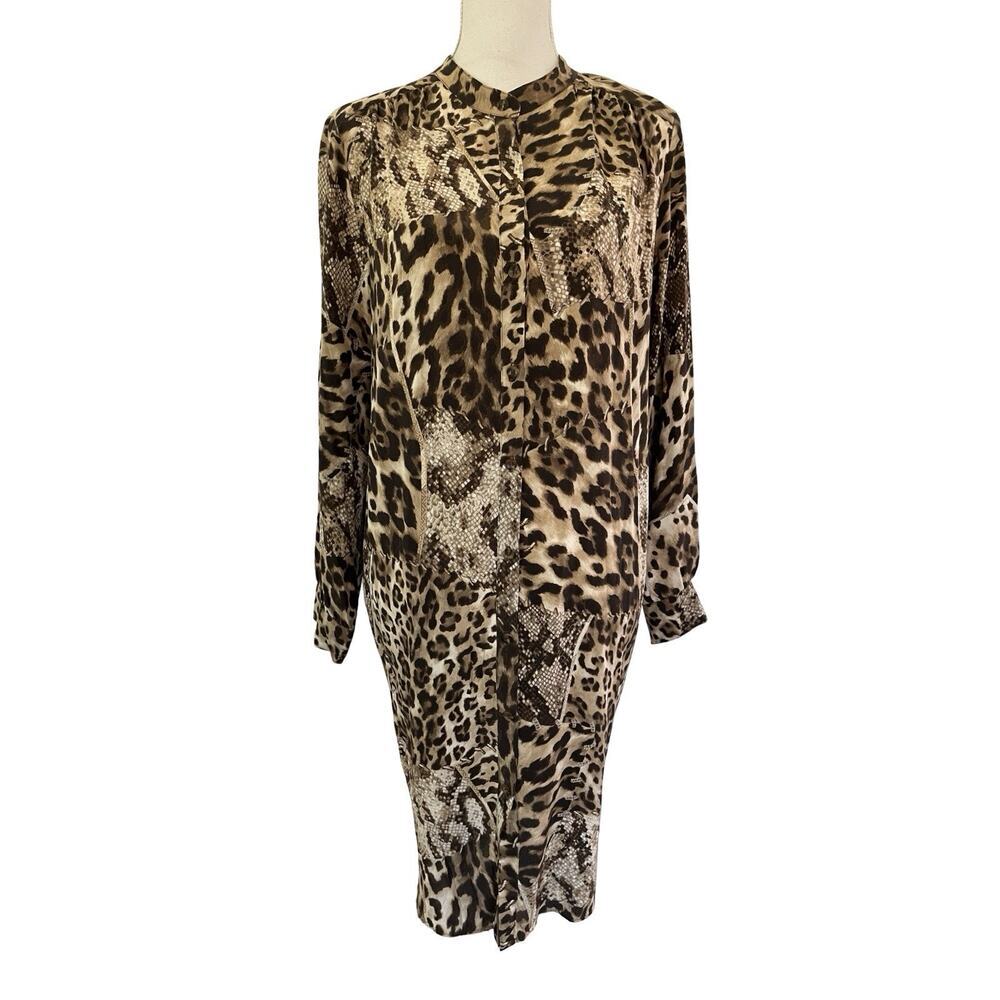 Gerard Darel 100% Silk Leopard Shirt Midi‎ Dress Size FR 42 US 10 Brown Mob Wife